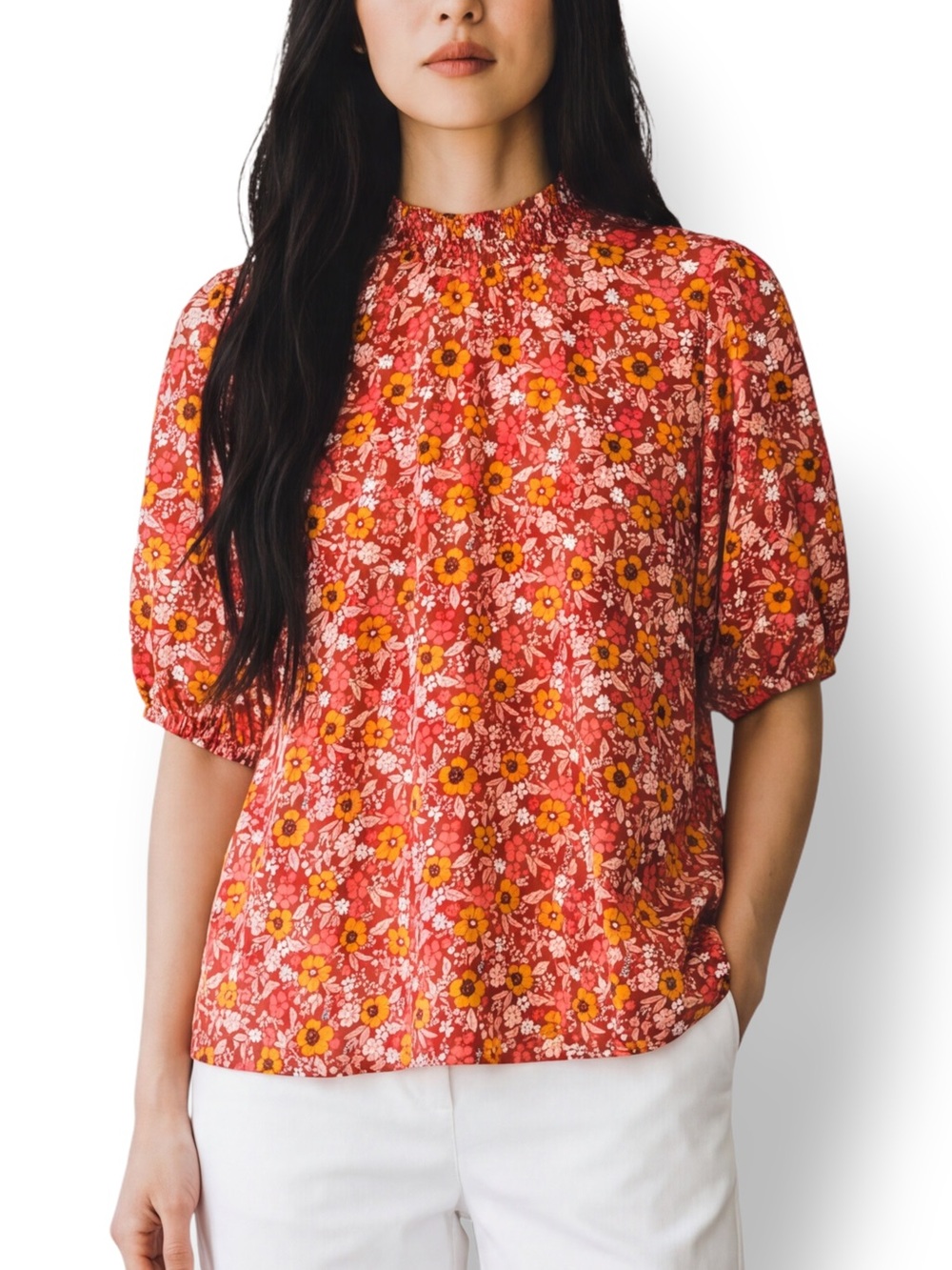 4/$20 Knox Rose Floral Smocked Mock Neck Peasant Blouse Boho Top Size S